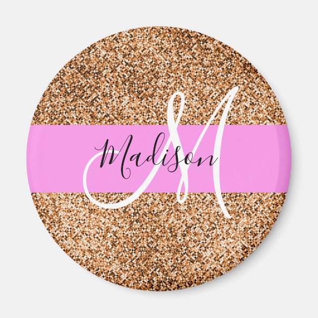 Chic Pink & Pumpkin Glitzer Glitzern Monogram Name Magnet (Vorne)