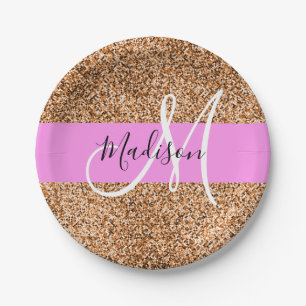 Chic Pink & Pumpkin Glitzer Glitzern Monogram Name Pappteller
