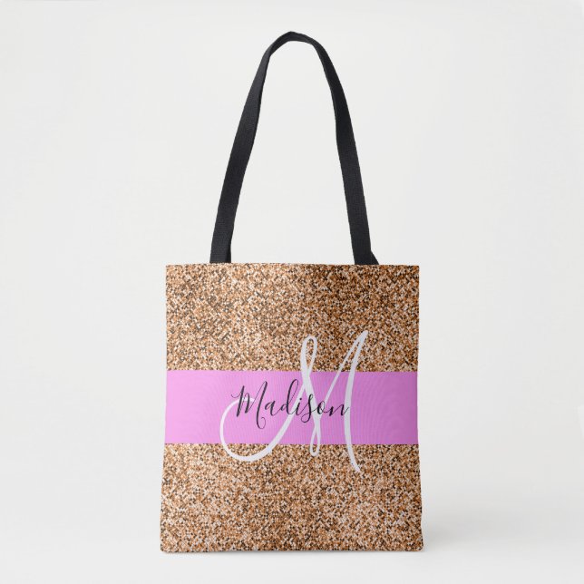 Chic Pink & Pumpkin Glitzer Glitzern Monogram Name Tasche (Vorderseite)