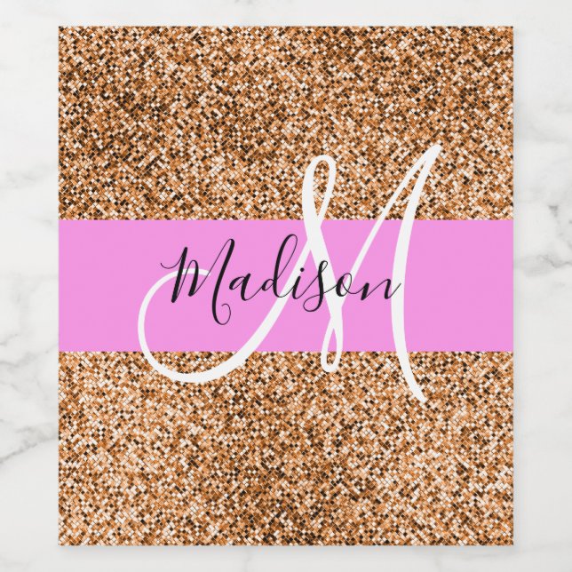 Chic Pink & Pumpkin Glitzer Glitzern Monogram Name Weinetikett (Einzelnes Label)