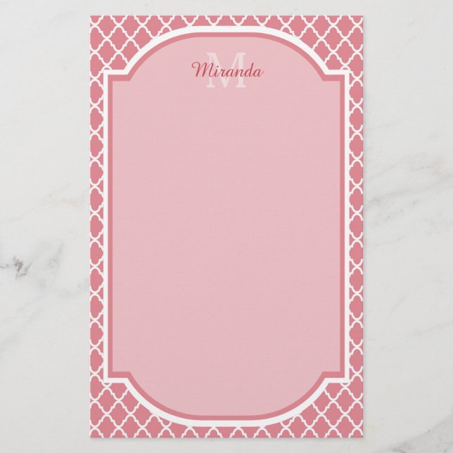 Chic Pink Quatrefolie Monogramm mit Name Briefpapier (Vorderseite)