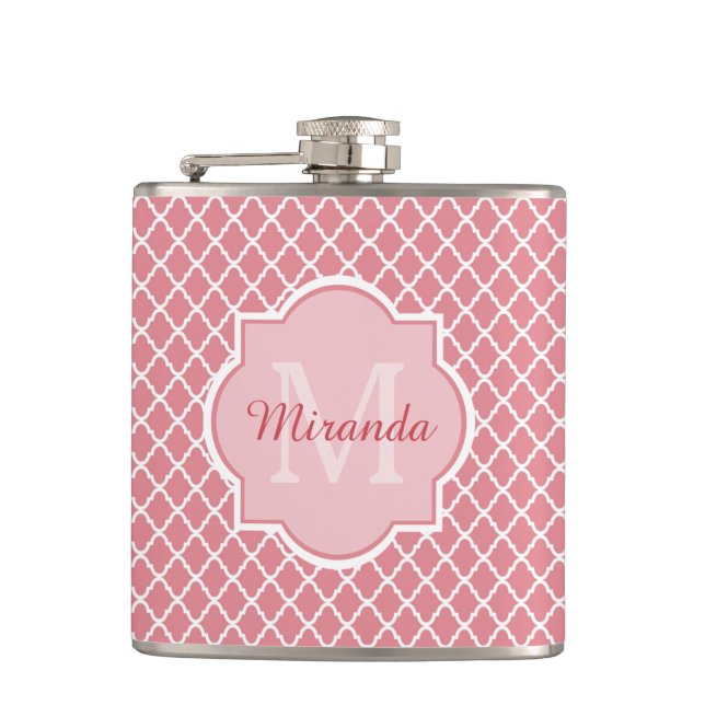 Chic Pink Quatrefolie Monogramm mit Name Flachmann (Vorderseite)