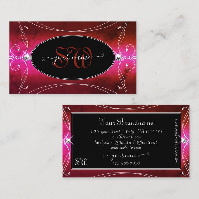 Chic Pink Red Black Verziert Sparkle Jewels Monogr Visitenkarte (Vorne/Hinten)