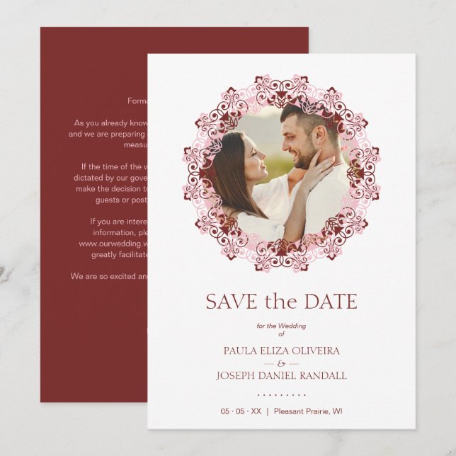 Chic Pink & Red Flourish Lace Effect Photo Couple Save The Date (Vorne/Hinten)