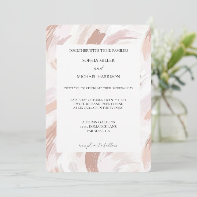 Chic Pink Rose Abstract Wedding Einladung (Stehend Vorderseite)