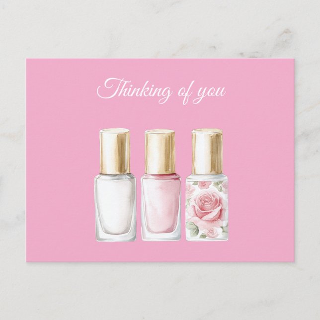 Chic Pink Rose Blumennagel Polnisch Denken Sie an  Postkarte (Vorderseite)