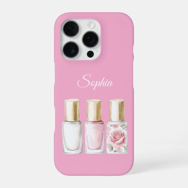 Chic Pink Rose Blumennagel Polnisch iPhone 16 Pro Hülle (Rückseite)