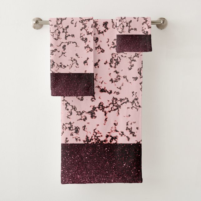 Chic Pink Rose Blush Glittery Marmor Badhandtuch Set (Insitu)