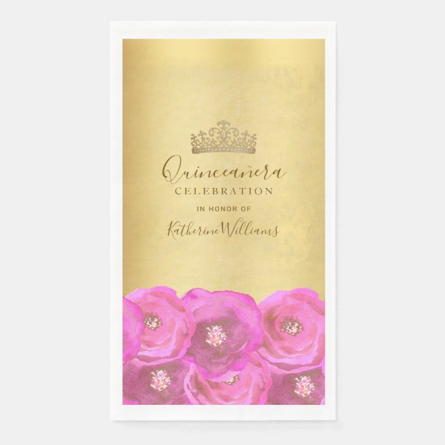 Chic Pink Rose Floral Gold Crown Quinceañera Serviette (Vorderseite)
