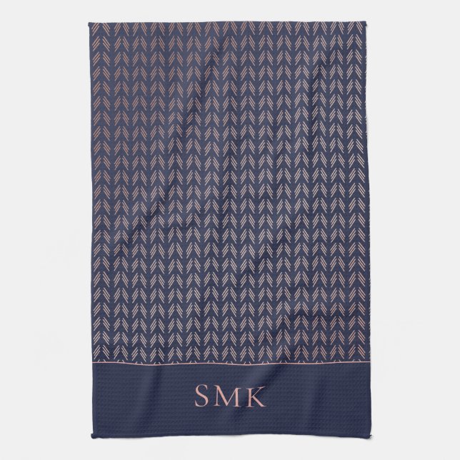 Chic Pink Rose Gold Foil Navy Blue Boho Geometric Geschirrtuch (Vertikal)