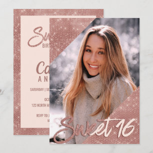 Chic Pink Rose Gold Glitzer Border Foto Sweet 16 Einladung