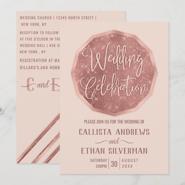 Chic Pink Rose Gold Glitzer Polygon Geo Wedding Einladung (Vorne/Hinten)