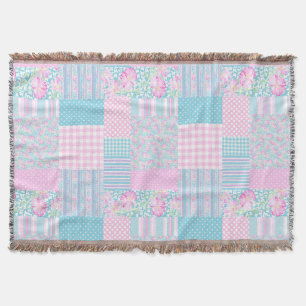 Chic Pink Roses auf Sky Blue Imitats Patchwork Decke