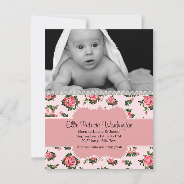 Chic Pink Roses Baby Girl Geburtserklärung Ankündigung (Vorderseite)