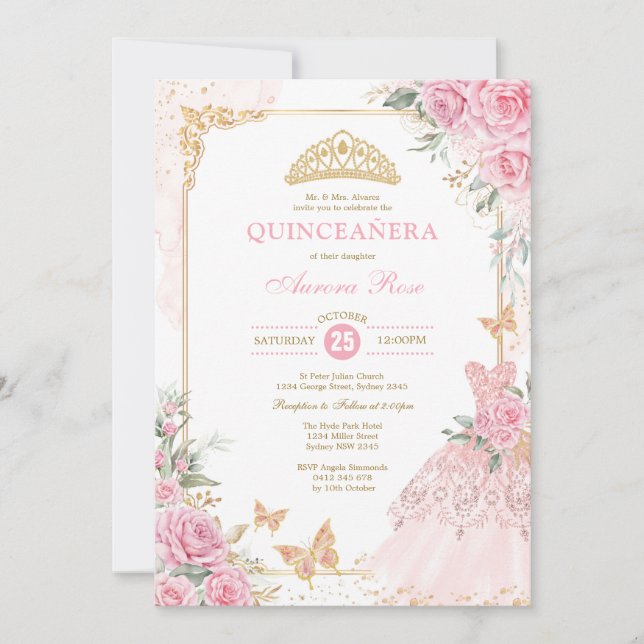 Chic Pink Roses Crown Princess Dress Quinceañera I Einladung (Vorderseite)