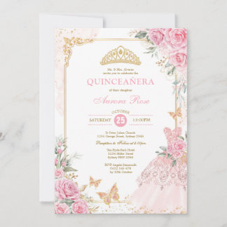 Chic Pink Roses Crown Princess Dress Quinceañera I Einladung