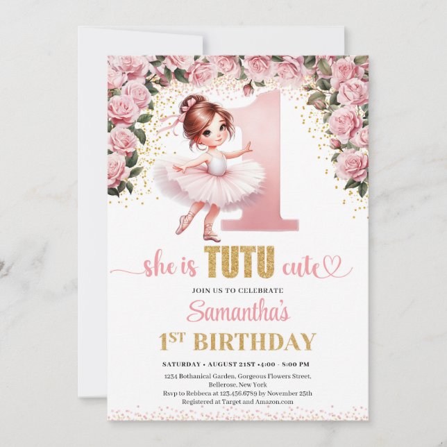 Chic pink roses gold ballerina Mädchen 1. Geburtst Einladung (Vorderseite)