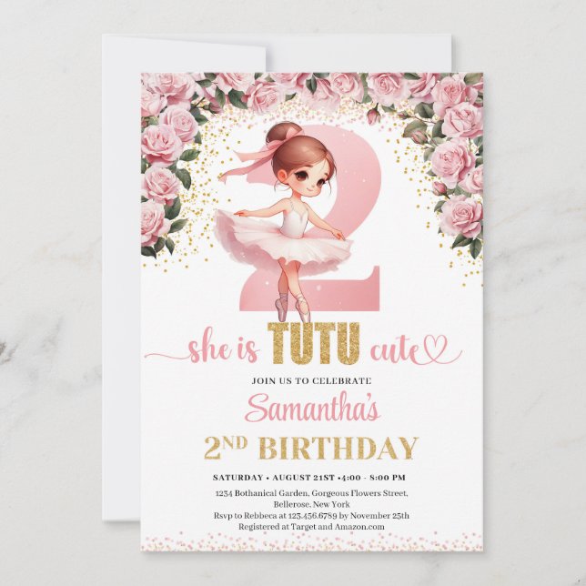 Chic pink roses gold ballerina Mädchen 2. Geburtst Einladung (Vorderseite)