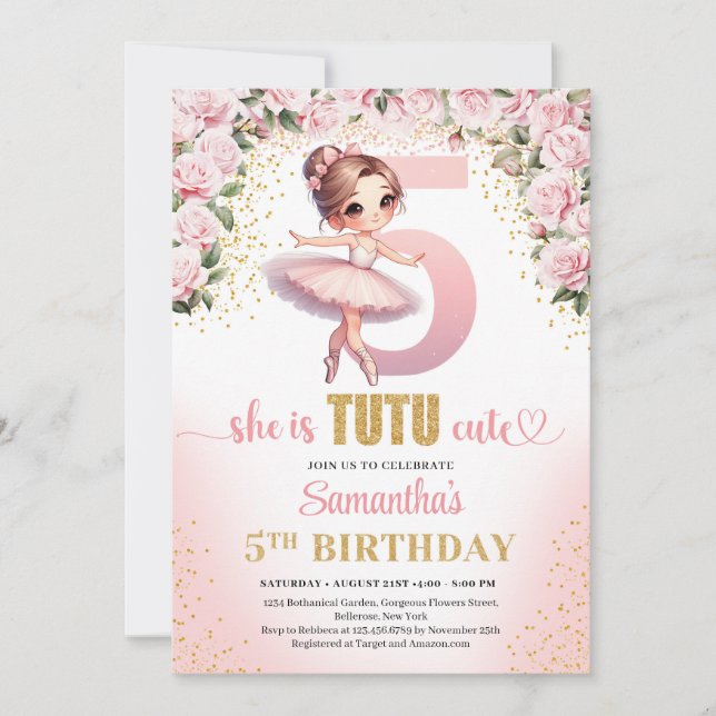 Chic pink roses gold ballerina Mädchen 5. Geburtst Einladung (Vorderseite)