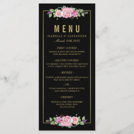 Chic Pink Roses & Gold Black Stripes Hochzeit Menükarte