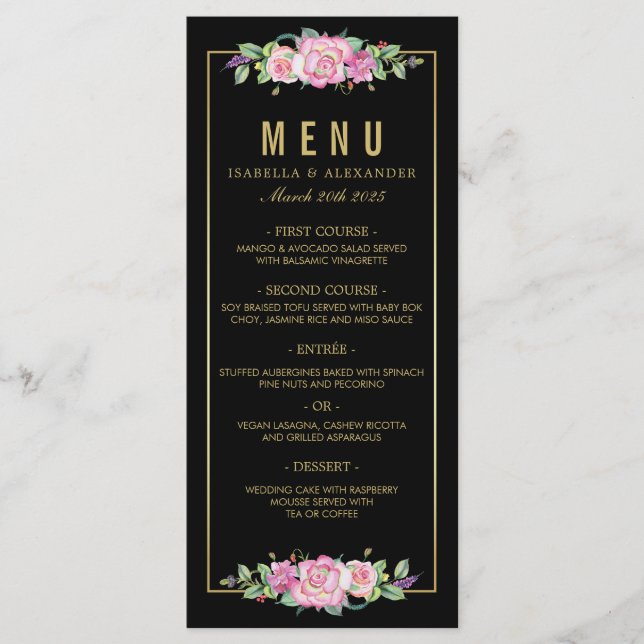 Chic Pink Roses & Gold Black Stripes Hochzeit Menükarte (Vorderseite)