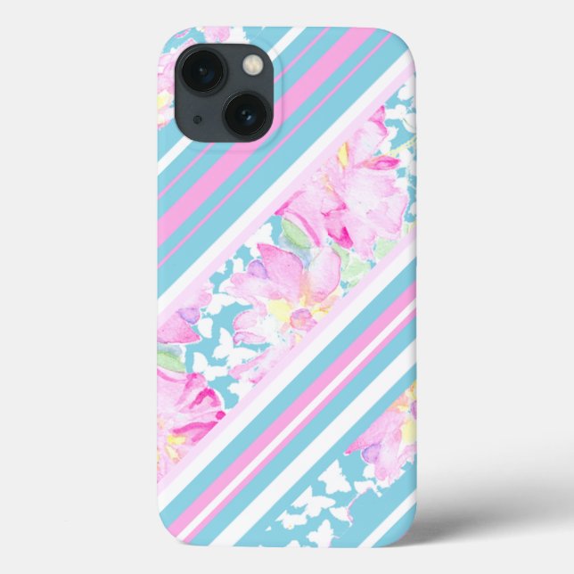 Chic Pink Roses, türkisfarbene Streifen: iPad Case (Rückseite)