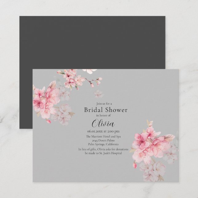 Chic Pink Sakura Blume auf Grau Brautparty Einladung (Vorne/Hinten)