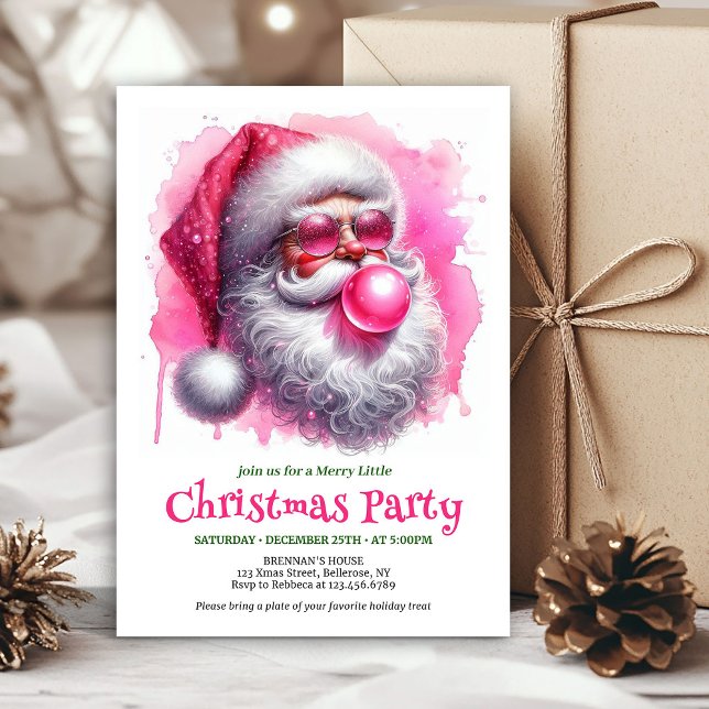 Chic pink santa chewing gum watercolor Christmas  Einladung (Chic pink santa chewing gum watercolor Christmas invite)