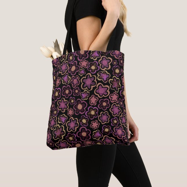 Chic Pink Schwarze Blume HandGezeichnet Muster flo Tasche (Von Nahem)