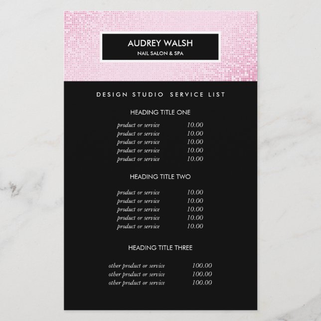 Chic Pink Sequin Black Salon Pricing & bServices Flyer (Vorne)