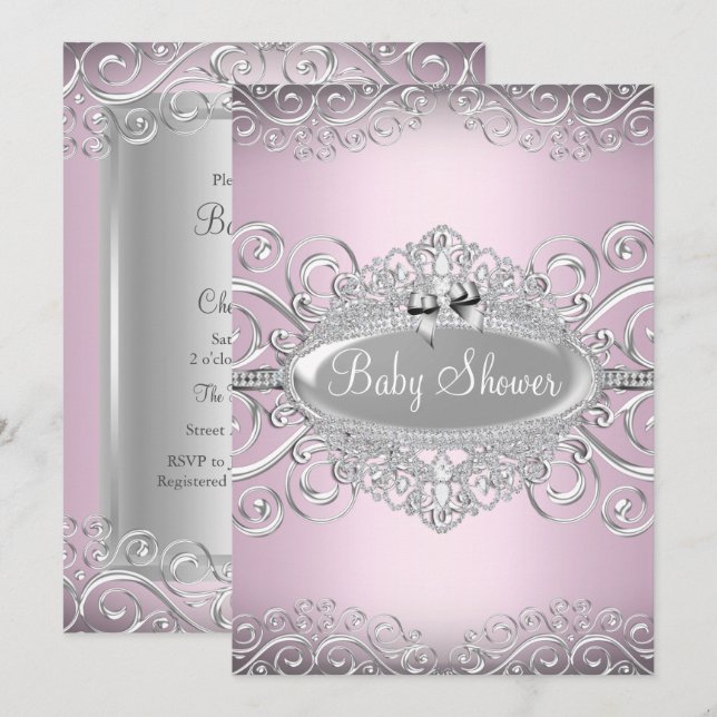 Chic Pink & Silver Damask Princess Baby Dusche Einladung (Vorne/Hinten)