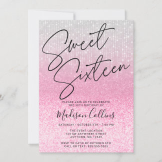 Chic Pink Silver Glitzer Sweet 16 Einladung