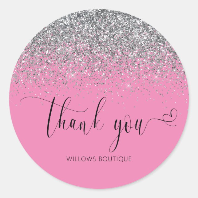 Chic Pink Silver Glitzer Vielen Dank Runder Aufkleber (Vorderseite)