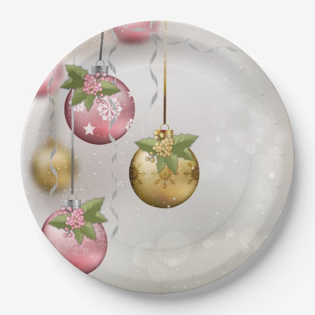 Chic Pink Silver Gold Ornamente Holly Glow Pappteller (Vorderseite)