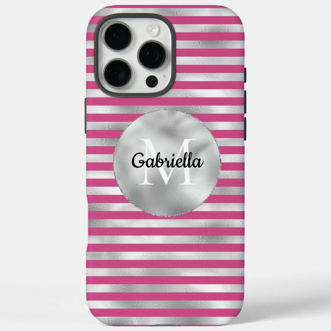 Chic Pink Silver Stripes Monogramm iPhone 16 Pro Max Hülle (Rückseite)