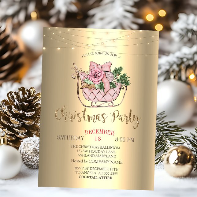 Chic Pink Sleigh, String Lights Gold Einladung (Von Creator hochgeladen)