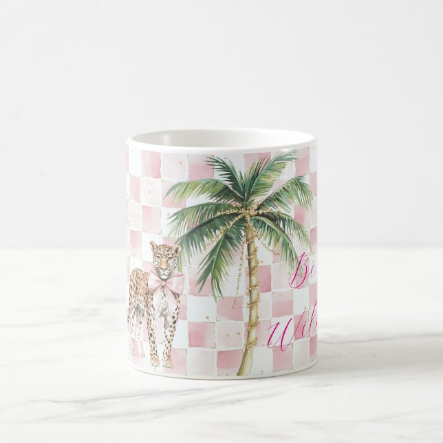 Chic Pink Squares Gold Palm Tree Leopard Kaffeetasse (Mittel)