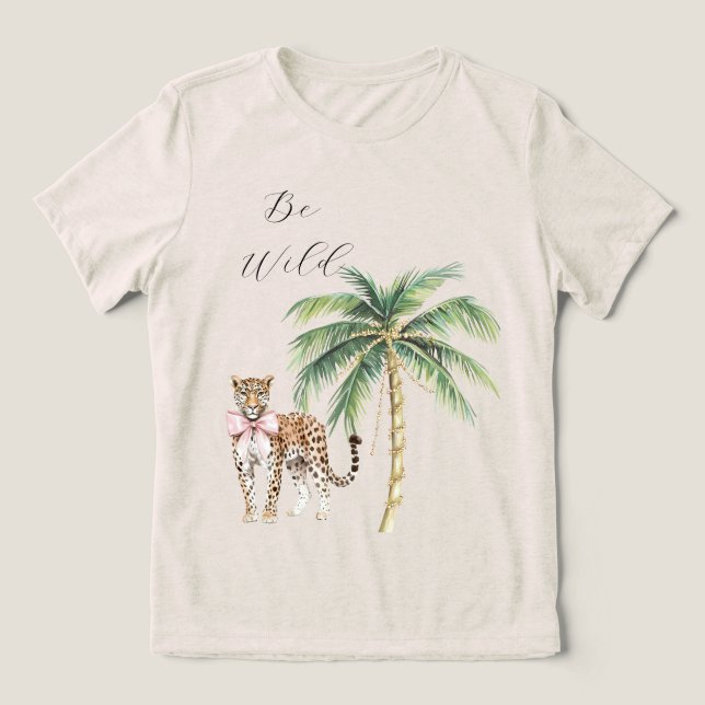 Chic Pink Squares Gold Palm Tree Leopard Tri-Blend Shirt (Design Vorderseite)