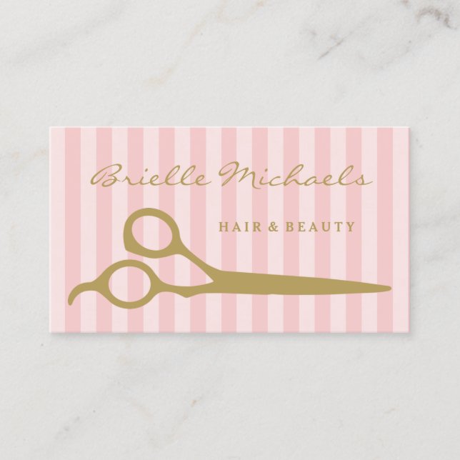 Chic Pink Stripes Gold Schere Haar und Schönheit Visitenkarte (Vorderseite)