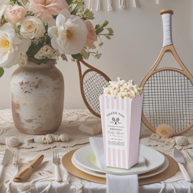 Chic Pink Stripes Tennis Danke Baby Dusche Geschenkschachtel (elegant pink stripes popcorn favor boxes for tennis theme baby shower at chic country club events)