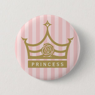 Chic Pink Stripes und Gold Rose Princess Crown Button