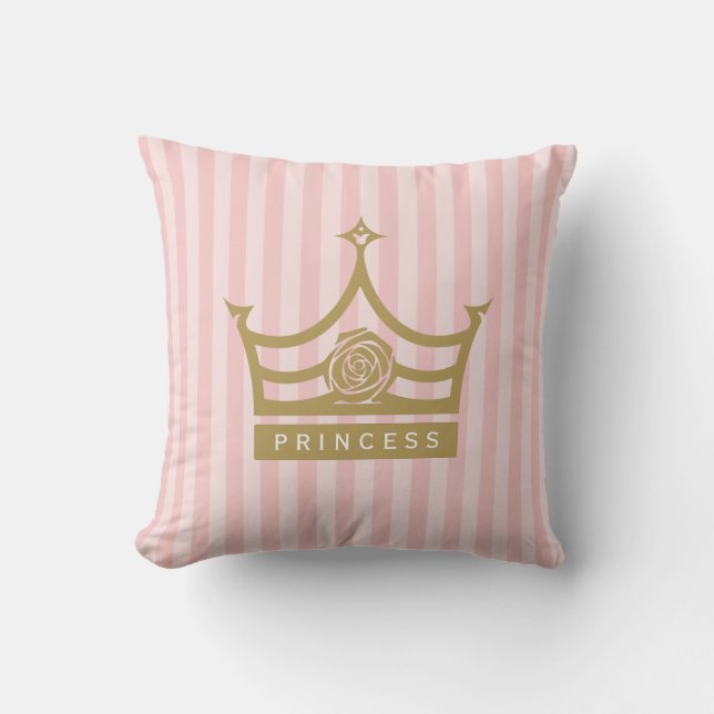 Chic Pink Stripes und Gold Rose Princess Crown Kissen (Vorderseite)