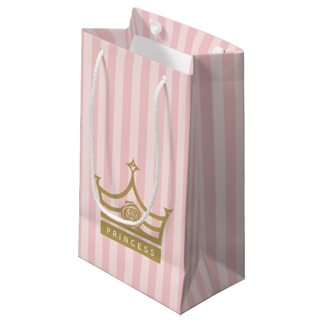 Chic Pink Stripes und Gold Rose Princess Crown Kleine Geschenktüte (Vorderseite Schrägansicht)
