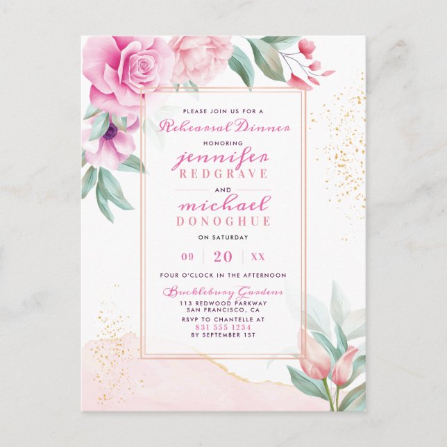 Chic Pink Trendy Rose Botanische Probe Abendessen Einladungspostkarte (Vorderseite)