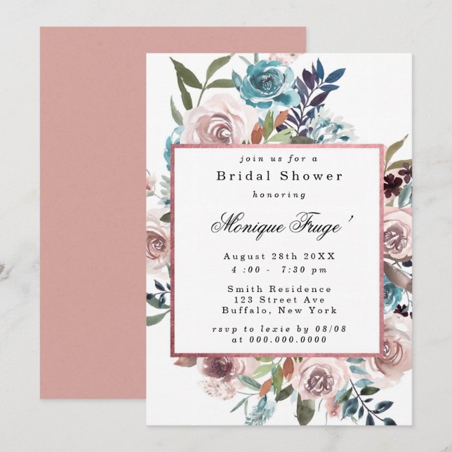 Chic Pink und Aquamarin Peony Bridal Dusche Einlad Einladung (Vorne/Hinten)