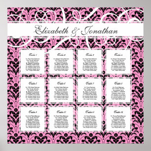 Chic Pink und Black 12 Wedding Table Seating Chart Poster