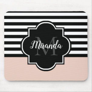 Chic Pink und Black Wide Stripes Name und Monogram Mousepad