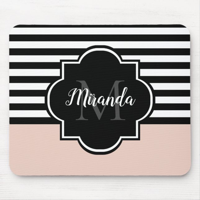 Chic Pink und Black Wide Stripes Name und Monogram Mousepad (Vorne)