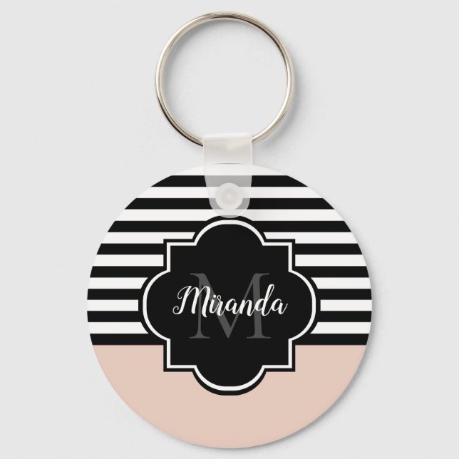 Chic Pink und Black Wide Stripes Name und Monogram Schlüsselanhänger (Vorderseite)