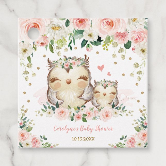 Chic Pink und Gold Floral Owl Babydusche Geburtsta Geschenkanhänger (Vorderseite)